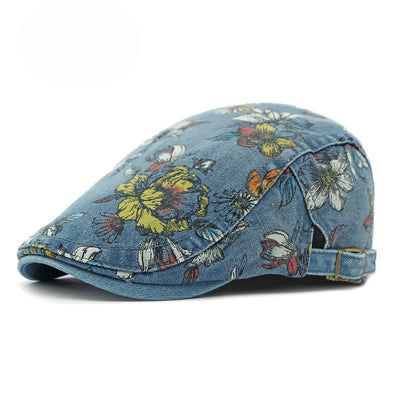 Fashion Floral Printed Denim Flat Beret Hat