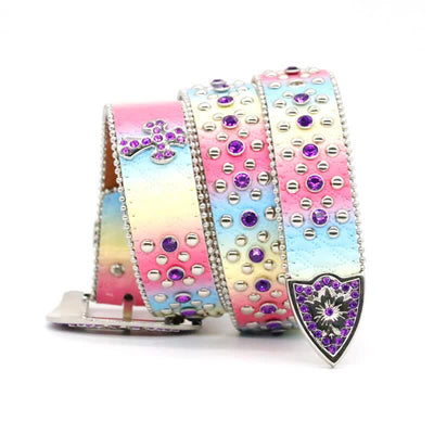 Women's Rainbow Rhinestone Riveted Leather Belt