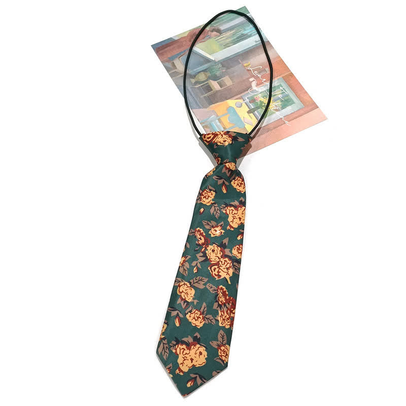 Men's Vintage Dark Green Yellow Flower Print Necktie