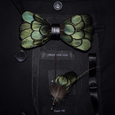 Kid's DarkOliveGreen Classic Feather Bow Tie with Lapel Pin