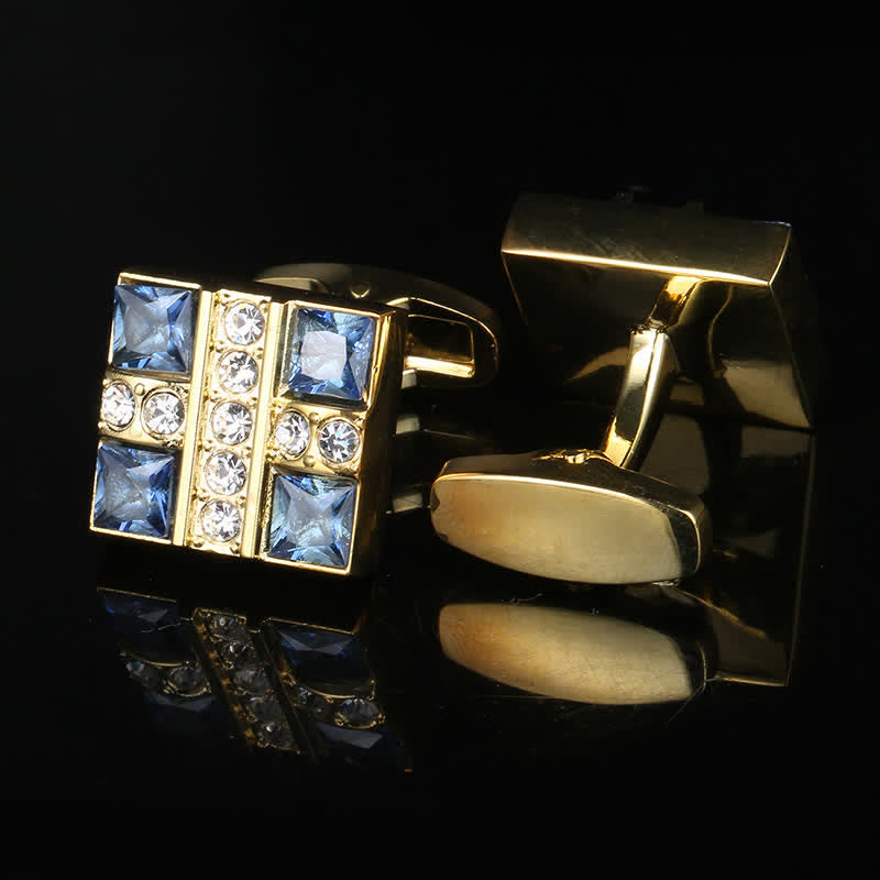 Men's Blue Crystal Rhinestone Gold Cufflinks