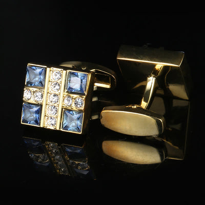 Men's Blue Crystal Rhinestone Gold Cufflinks