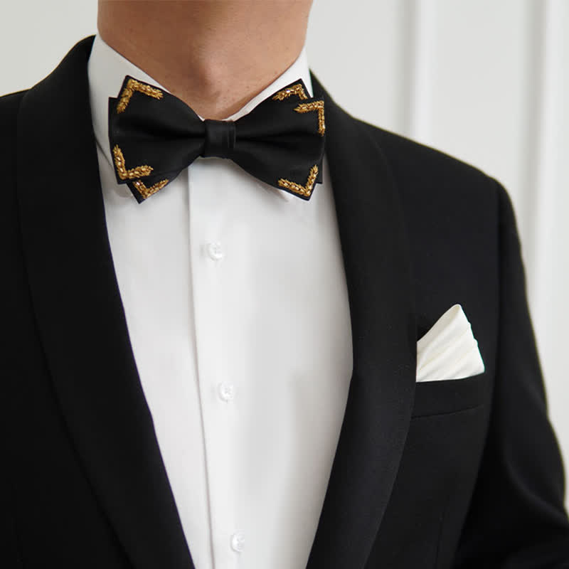 Men's Gold Wheat Embellishment Black Bow Tie