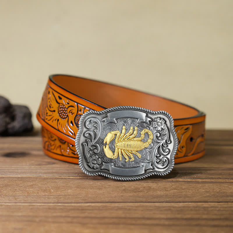 Men's DIY Gold Carving Animal Buckle Leather Belt