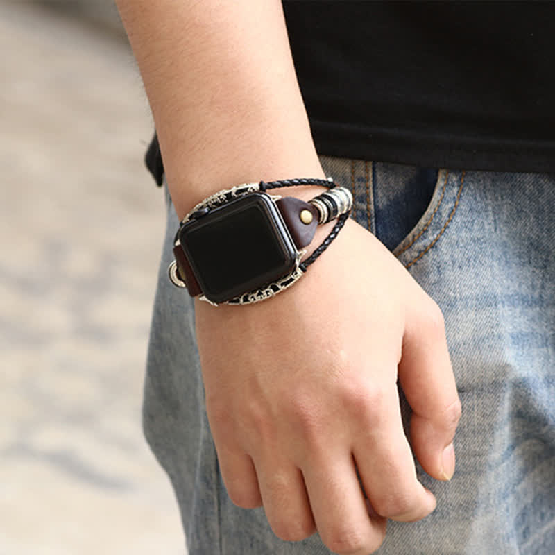 Stainless Steel Chain Mix Braided Leather Watch Band