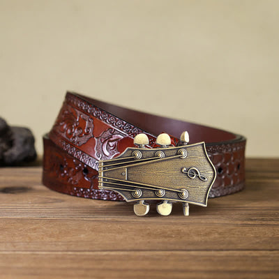 Men's DIY Bronze Guitar Music Buckle Leather Belt