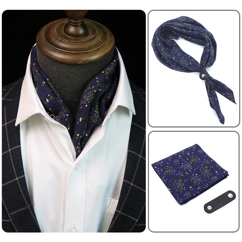 Navy & Purple Flowered Square Scarf with Scarf Buckle