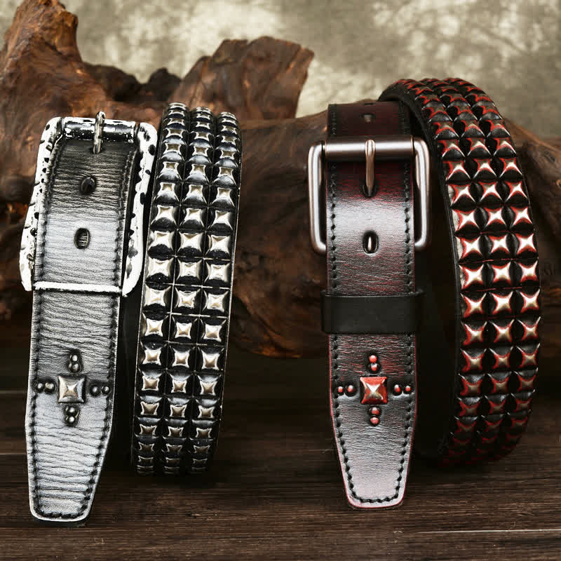 Men's Three Row Classic Pyramid Rivets Leather Belt