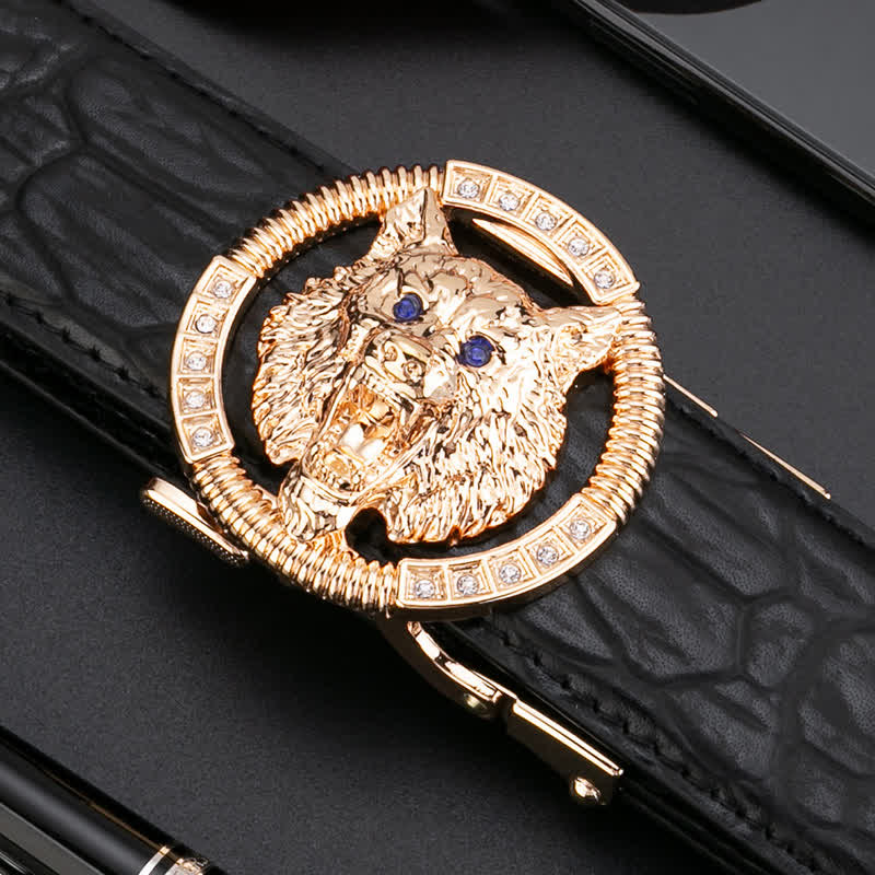 Men's Round Wolf Rhinestone Automatic Buckle Leather Belt