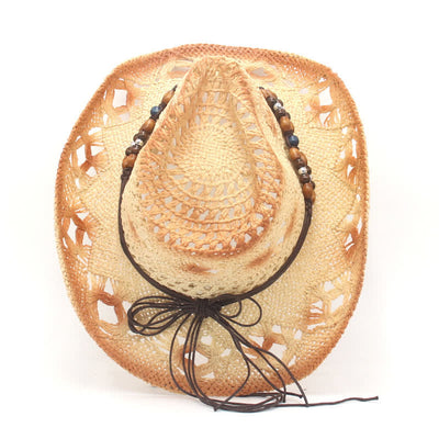 Boho Hollow-Out Beads String Cowboy Cowgirl Straw Hat