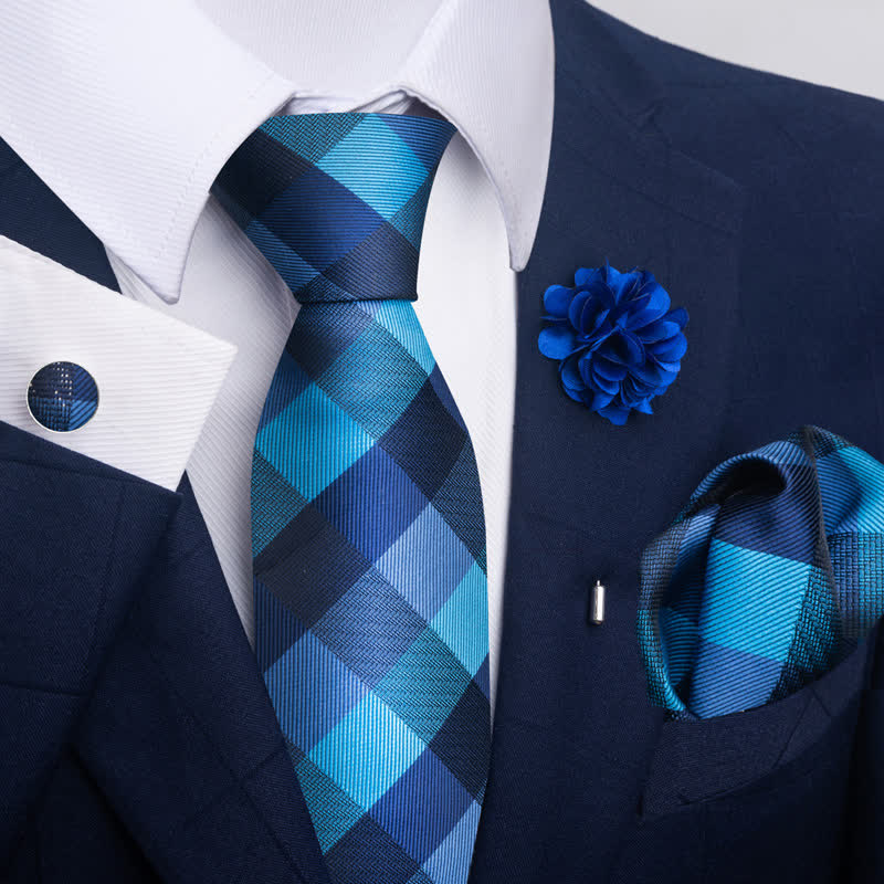 4Pcs Men's Blue Series Floral Striped Necktie Set
