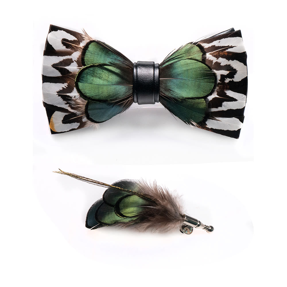 Kid's ForestGreen & White Feather Bow Tie with Lapel Pin