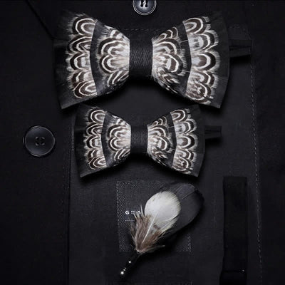 Black & White Tiger Stripes Feather Bow Tie with Lapel Pin