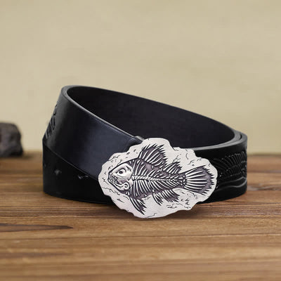 Men's DIY Fish Fossil Buckle Leather Belt