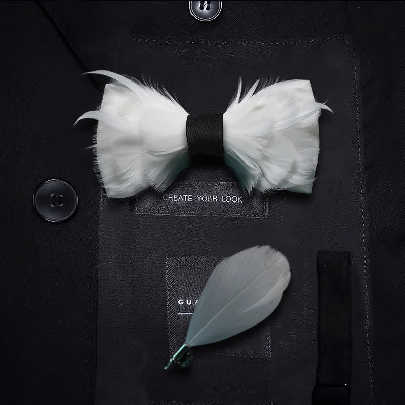 White & Black Elegant Feather Bow Tie with Lapel Pin