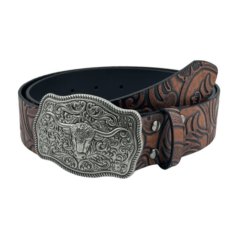 Boho Style Cow Head Western Embossed Leather Belt