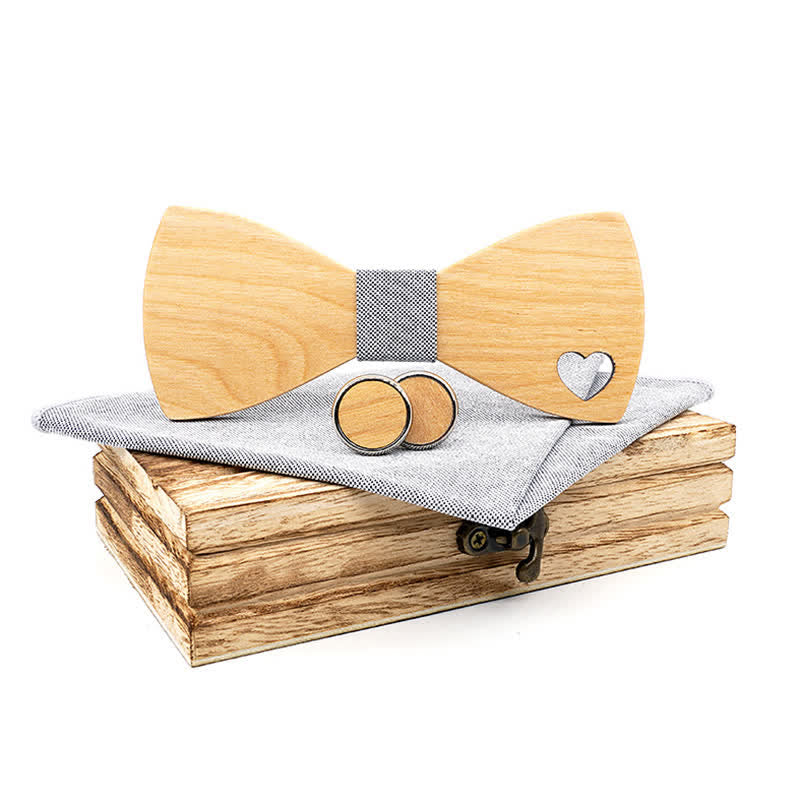 3Pcs Men's Hollow Heart Shape Wooden Bow Tie Set