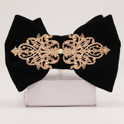 Men's Black Velvet Metallic Decor Oversized Pointed Bow Tie