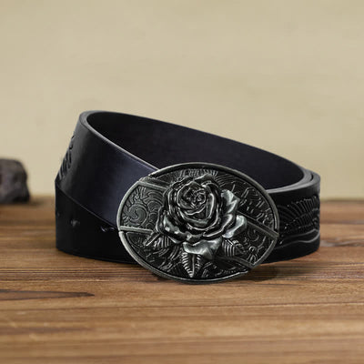 Men's DIY Western Rose Hidden Folding Knife Leather Belt