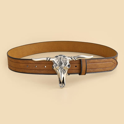 Classic Personality Silver Bull Skull Buckle Leather Belt