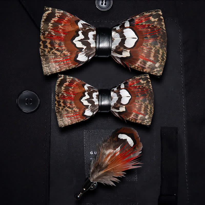 Kid's Brown & Red Feather Bow Tie with Lapel Pin