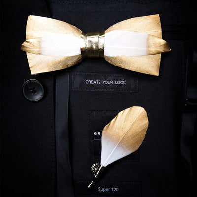 Kid's Gold & White Butterscotch Feather Bow Tie with Lapel Pin