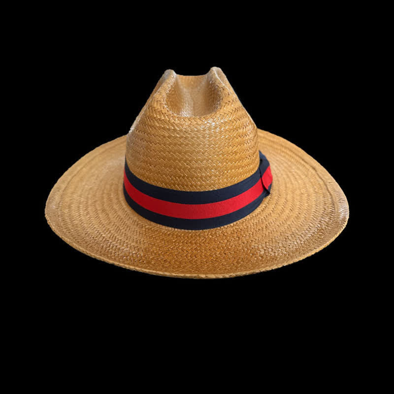 Decorative Red & Navy Ribbon Cowboy Weave Straw Hat