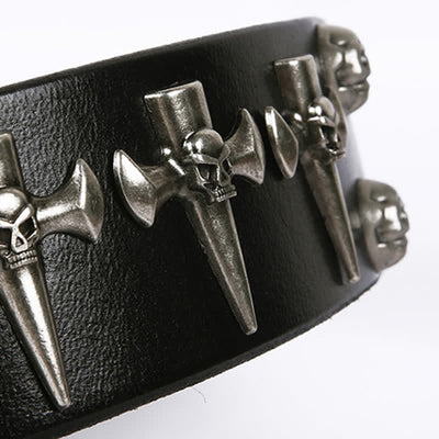 Unisex Skull Head Rivets Cross Studded Leather Belt