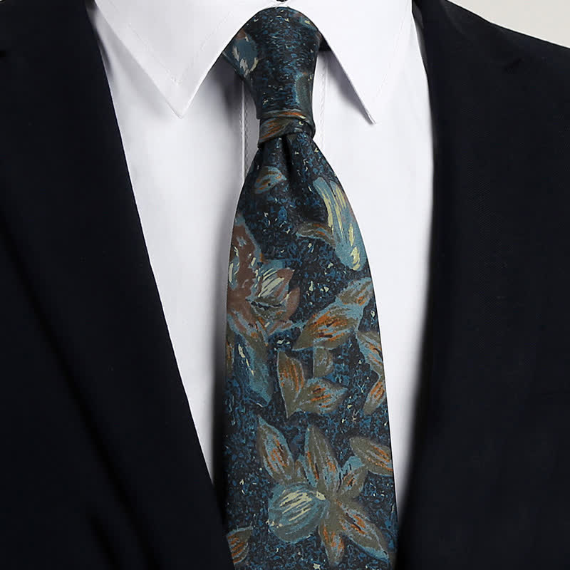 Men's Navy Blue Retro Oil Painting Floral Necktie