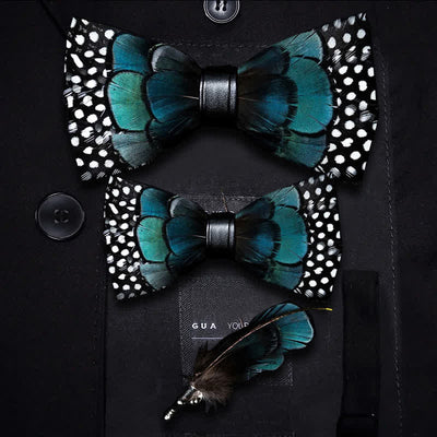 Kid's Turquoise & Black Feather Bow Tie with Lapel Pin