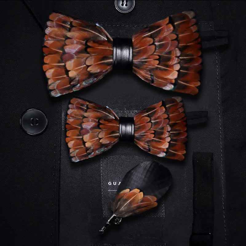 Kid's Brown & Black Trim Feather Bow Tie with Lapel Pin