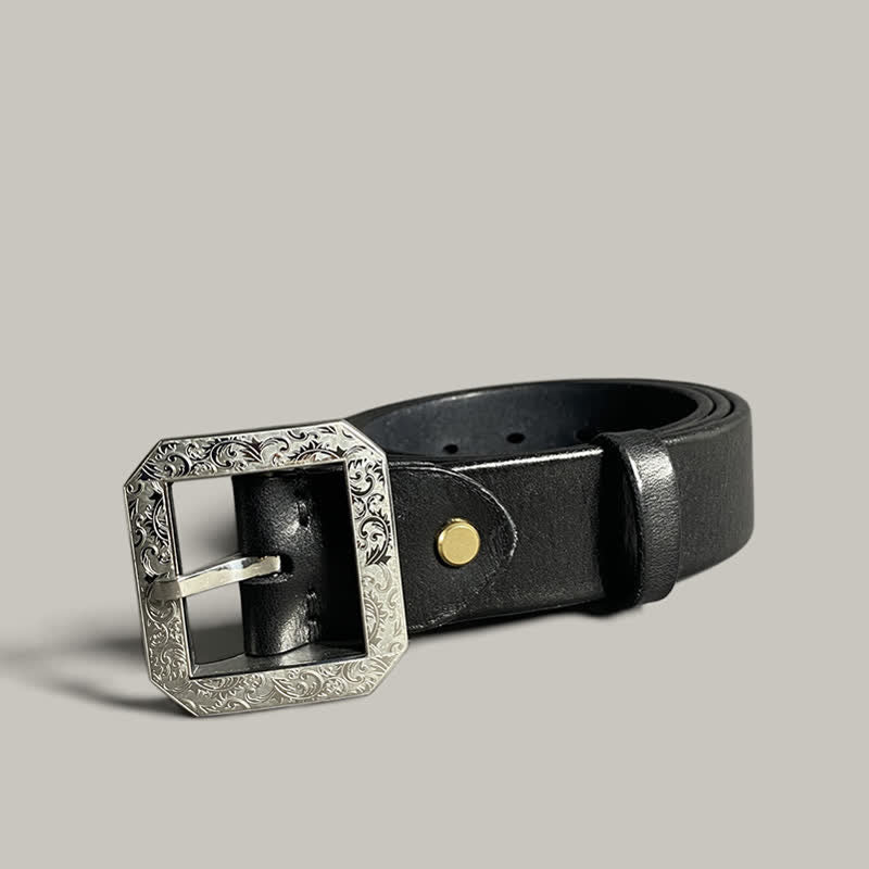 Square Floral Engraved Buckle Pants Leather Belt