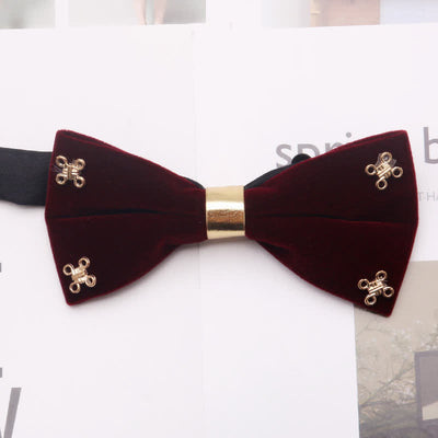 Men's Dark Burgundy Gold Silver Floral Metal Bow Tie