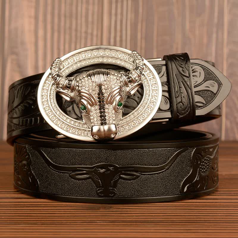 Men's Shinning Rhinestone Bull Automatic Buckle Leather Belt