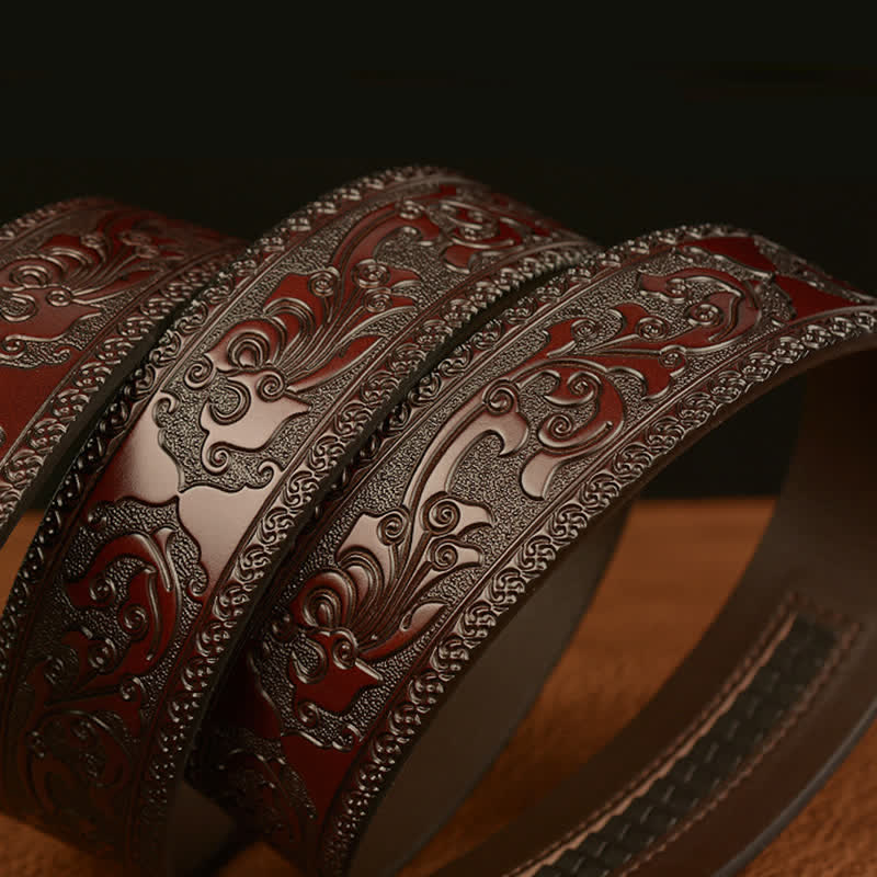 Men's Tiger Buckle Floral Embossed Leather Belt