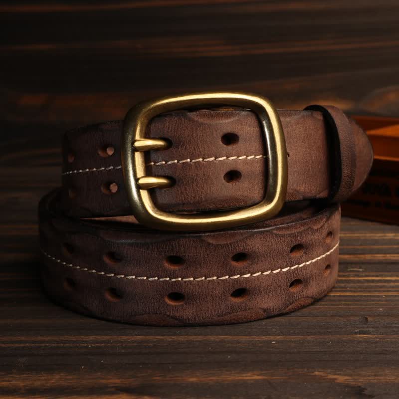 Men's Double Holes Brass Buckle Leather Belt