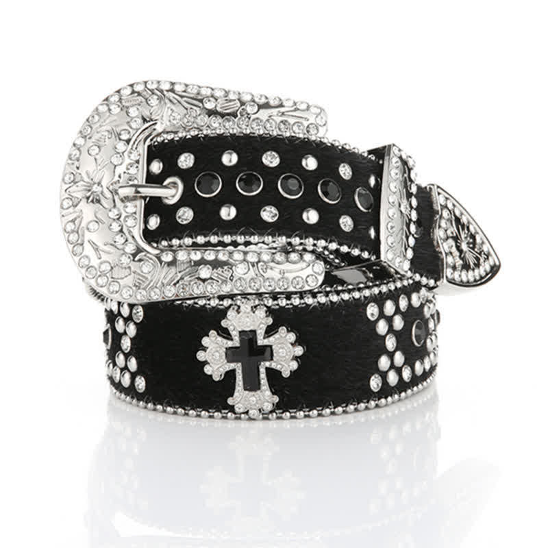 Black Cross Rivet Engraved Buckle Rhinestone Decor Leather Belt