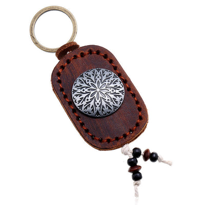 Round Flower Pendant Double Layer Leather Keychain