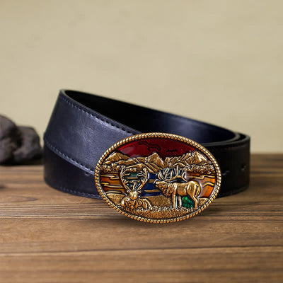 Men's DIY Enamel Wild Deer Buckle Leather Belt