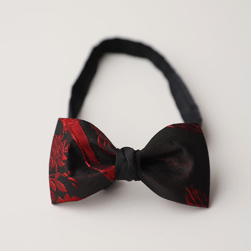 Men's Red Floral Pattern Black Bow Tie