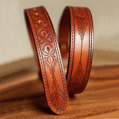 Men's Embossed Flower Leaves Engraved Leather Belt