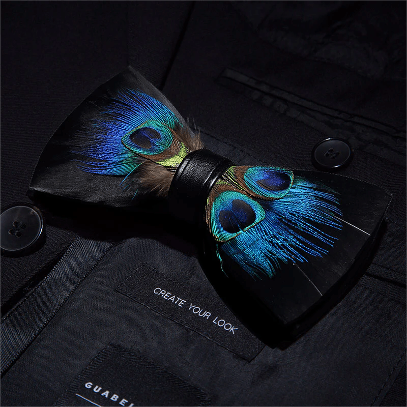 Black & Blue Peacock Eye Feather Bow Tie with Lapel Pin