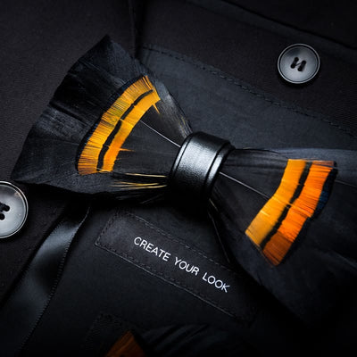 Kid's Black & Orange Midnight Feather Bow Tie with Lapel Pin