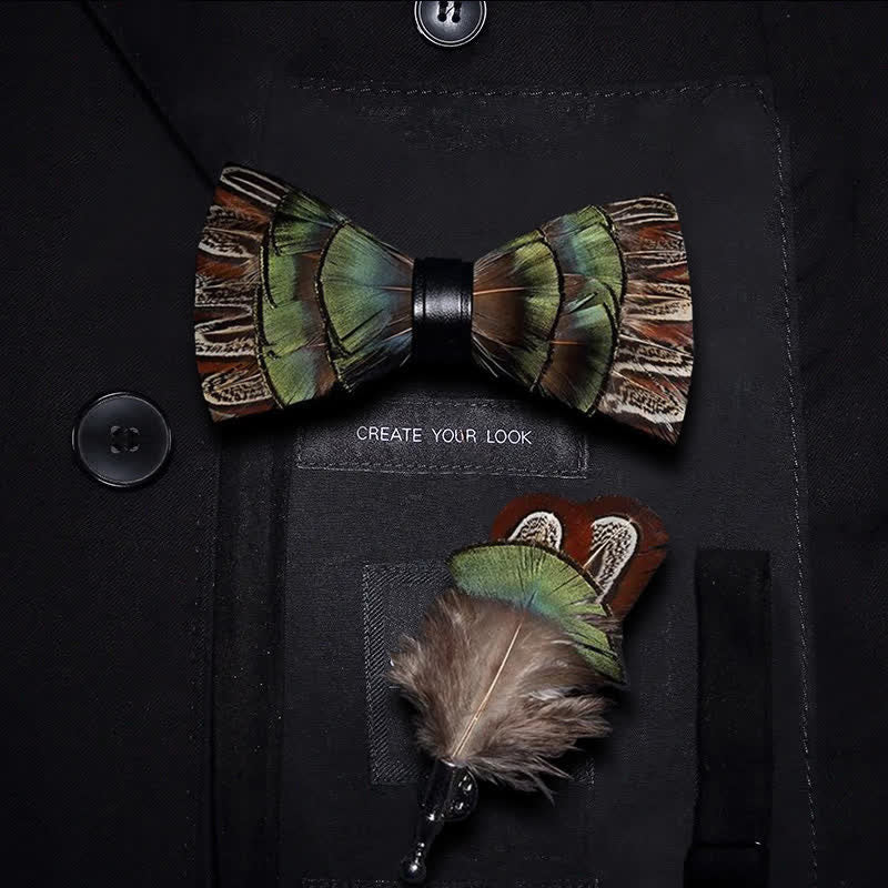 Kid's Brown & Green Forest Retro Feather Bow Tie with Lapel Pin