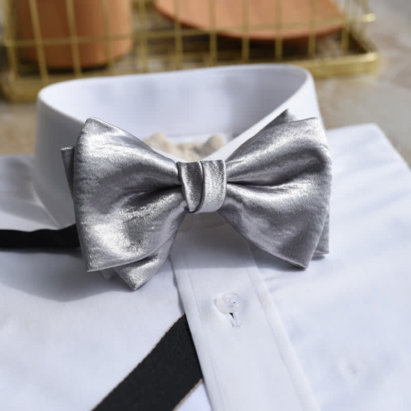 Men's Trendy Glossy Silver Gray Double Layered Bow Tie