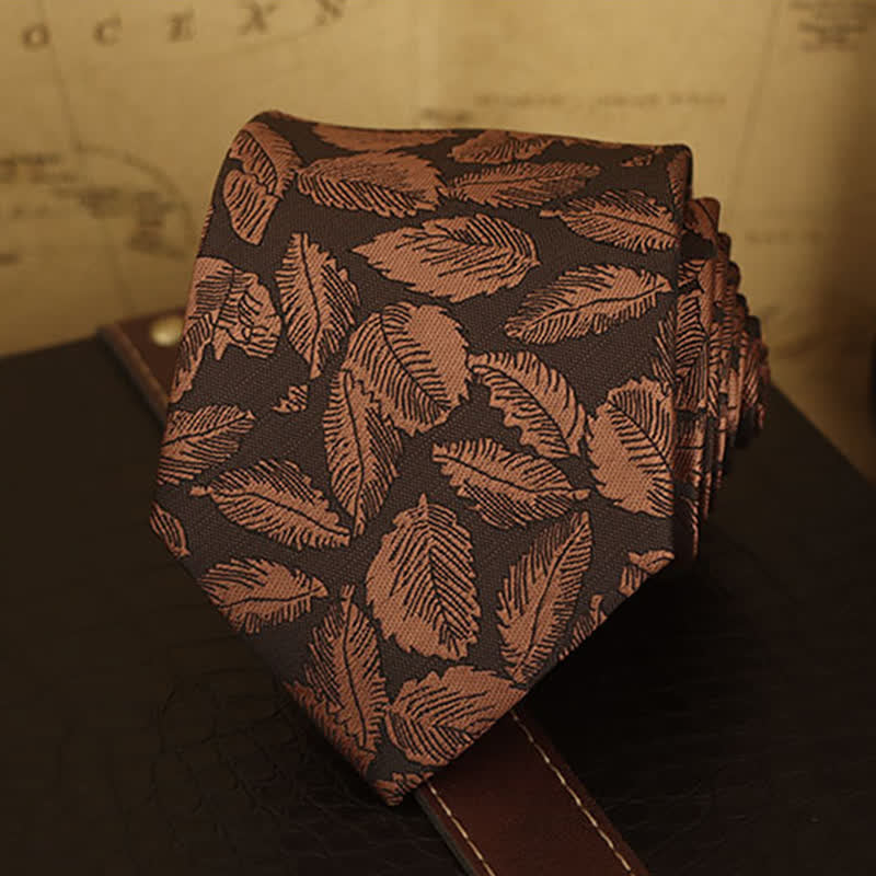 Men's Copper Leaf Print Brown Bow Tie Necktie