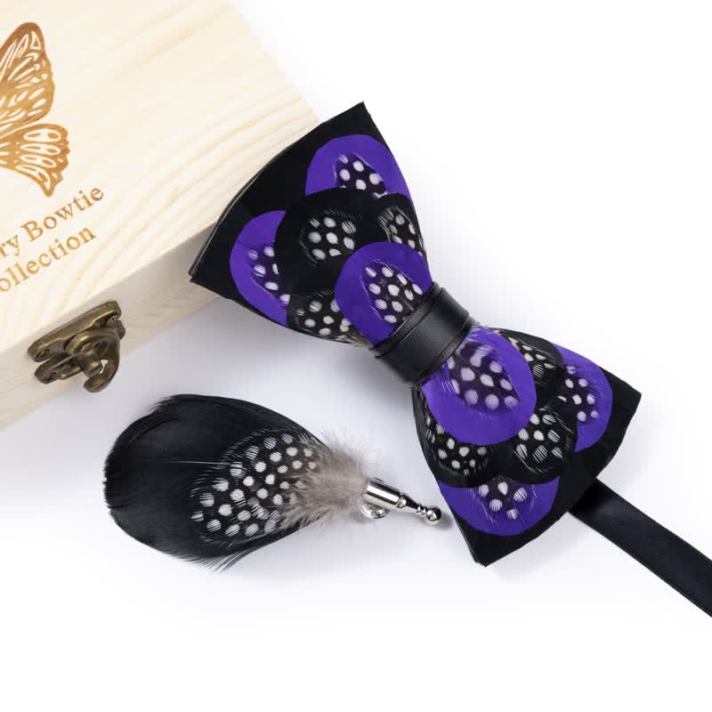 Elegant Purple Feather Bow Tie with Lapel Pin