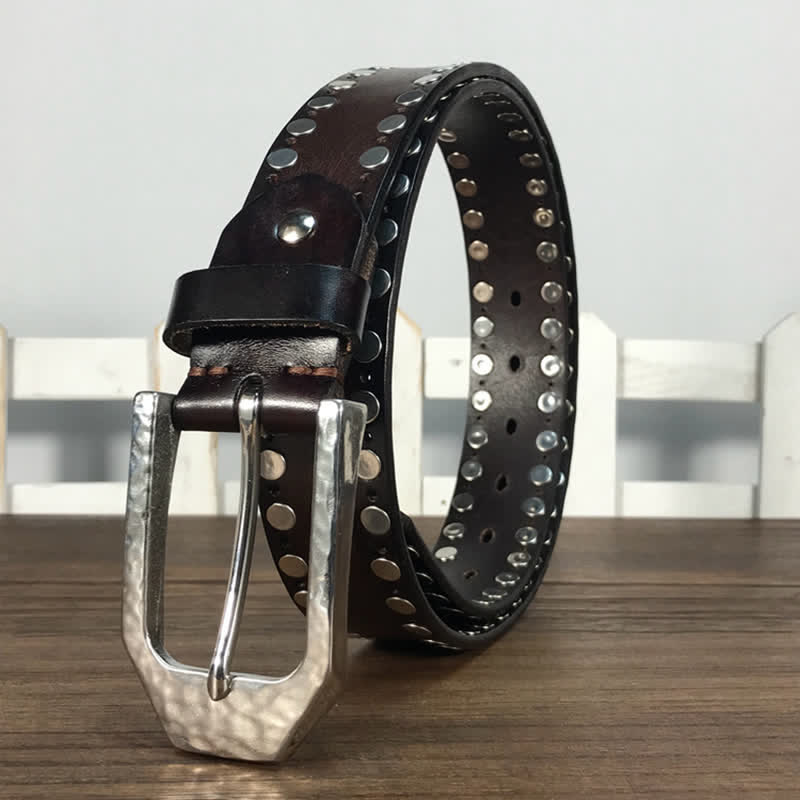 Hammer Buckle Two Rows Rivets Studs Leather Belt