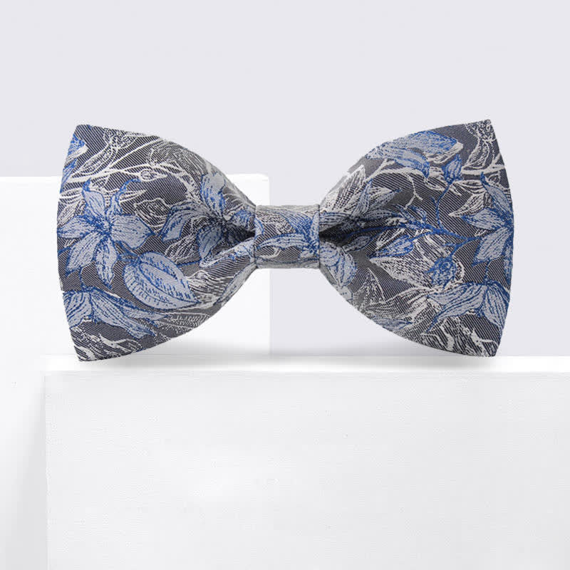 Men's Gray & Blue Flower Leaves Silk Bow Tie