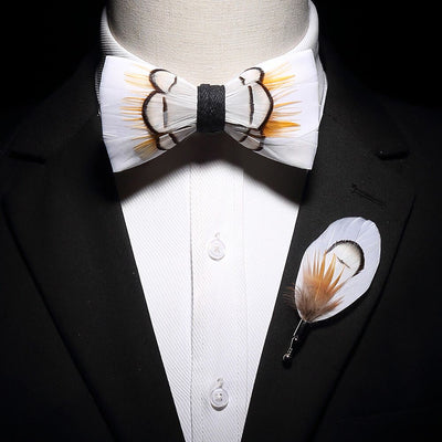 Kid's Beige Elegant Feather Bow Tie with Lapel Pin